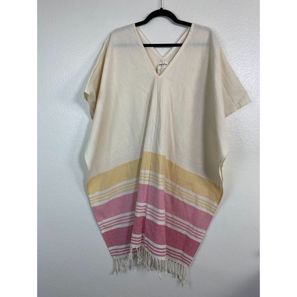 Tribe Alive Striped Poncho Fringe V-Neck Size Os Large Handmade Southwestern
